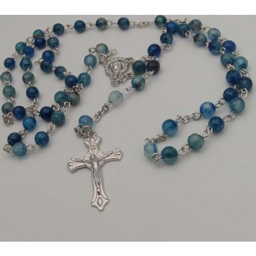 Religion Blue Agate Catholic Rosary Beads Necklaces Christ Jesus Cross Men And Women Pendant Necklace Religious Jewelry Gift