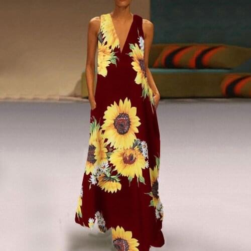 New womens Bohemian printed sunflower dress V-neck sleeveless plug pocket summer dress