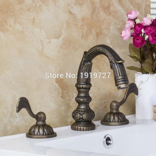 100% All Copper Lead Free Antique 3 Piece Sink Faucet Unique Design Double-Arm Bathroom Sink Fixture With Brass Double Handle