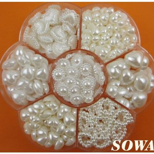 Free Shipping 500Pcs Pearl White Color Mix Heart Style Size DIY Half Round Pearl Bead Flat Back Scrapbook Craft