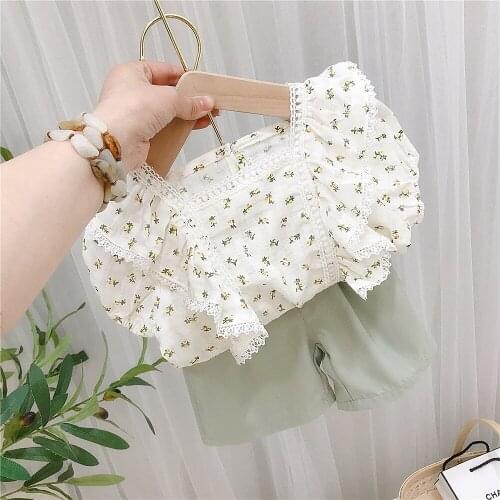 Cute Baby Girls Short Sleeve Shirts+Shorts Clothes Set 2021 Summer Kids Floral Print Lace Ruffles T-shirt Tops Casual Pants 2Pcs