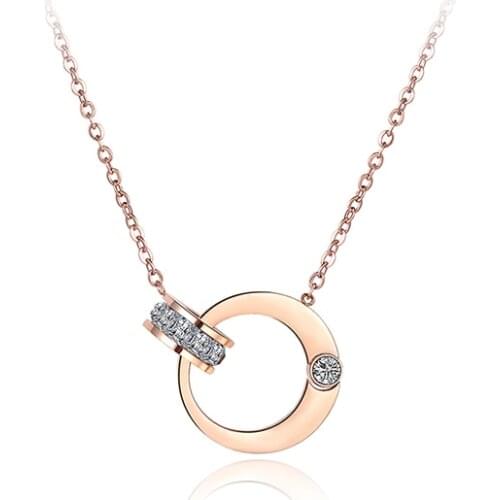 Double Circle Cubic Zirconia Chain & Link Necklaces Jewelry Titanium Steel Rose Gold Chokers Necklace For Women N18054