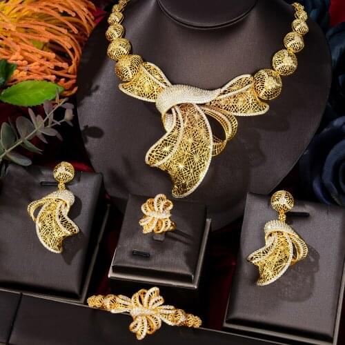 KellyBola 4PCS Women Wedding Jewelry Sets Hot Luxury Bowknot Flowers Cubic Zirconia Choker Necklace Earring Ring Jewellery Sets