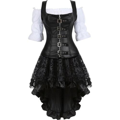 Steampunk Corset 3 Piece Outfits for Women Zip Leather Bustier Femme Sexy Skirt White Blouse Pirate Set Gothic Carnival Costumes