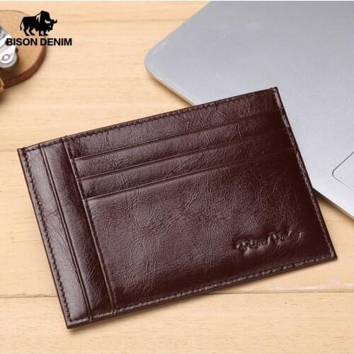 BISON DENIM Genuine Leather Credit Cart Wallet Mini Slim Wallet Card ID Zipper Holders High Qauliyt Cowskin Leather W9309