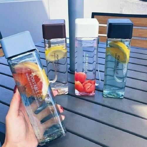 Hot Selling Square Tea Milk Fruit Water Cup 500ml for Water Bottles Drink with Rope Transparent Sport Korean Style