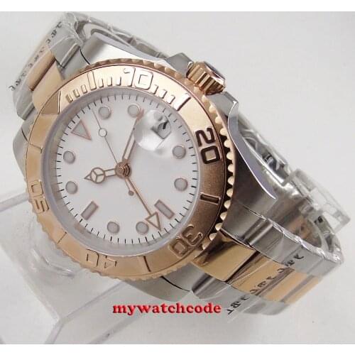 40mm bliger white dial sapphire crystal Coin Edge ceramic Bezel deployment clasp Two Tone Automatic mens watch B255