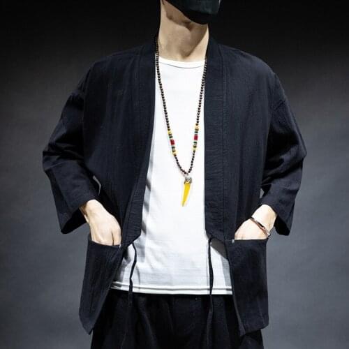 Mens Cardigan Jacket Men Loose Casual Cotton Linen Coat Solid Color Japanese Kimono Robe Plus Size Hanfu Male New Arrival