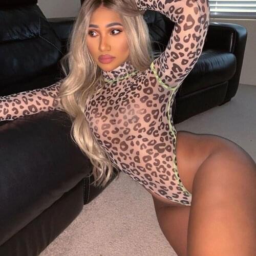 Neon Long Sleeve Leopard Bodysuit Turtleneck Romper Womens Jumpsuit 2019 Autumn Female Tops Slim Fashion Club Body Body Suit