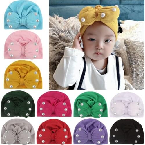 New Warm Baby Hats Cute Boys Girls Bow Hats Knot Bows with Pearl Bonnet Beanie Cap Infant Toddler Turban Hair Accessories