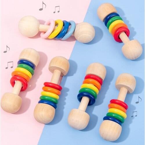 Newest Baby Wooden Vocal Toys Rainbow Shaker Stick Educational Toy Handle Wooden Activity Bell Ring Rainbow Musical Instrument