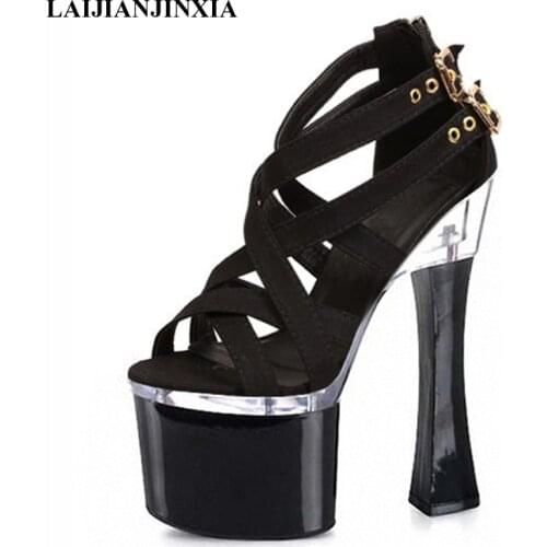 New Sexy Black Women Platform Sandals Dancing Shoes 18cm Square High Heels Shoes Night Club Party Pole Dance Shoes