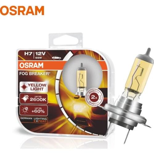 OSRAM H7 Yellow 62210FBR Halogen Fog Breaker 12V 55W Car Original Headlight 2600K Light +60% Brighter Genuine Auto Lamps, Pair