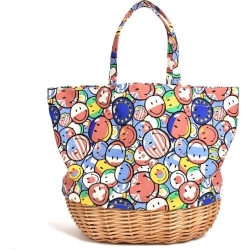 Smiley owl canvas stitching straw bag portable ins parent-child rattan bag child mommy bag