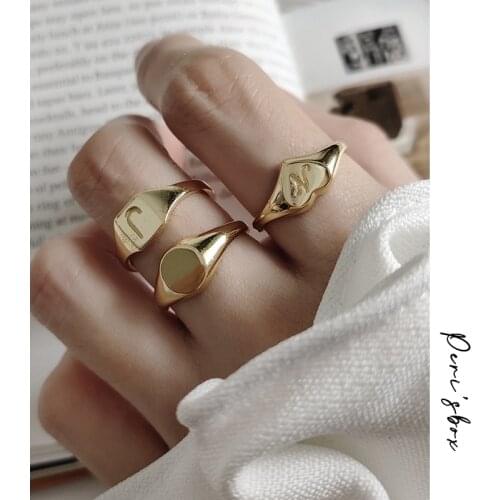 PerisBox 925 Sterling Silver Carving Initial Ring Gold Geometric Glossy Rings for Women Love Heart Minimalist Ring Adjustable