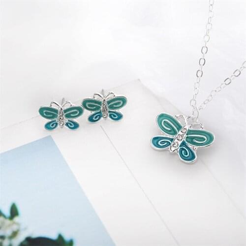 Simple Blue Insect Butterfly Pendant Rhinestone Silver Plated Alloy Necklace Stud Earrings Jewelry Sets for Women