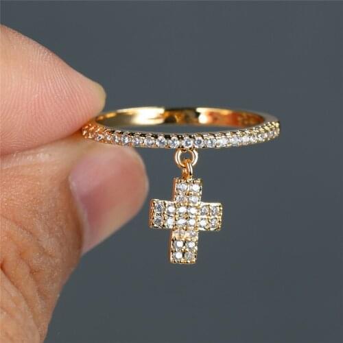 Luxury Female Crystal Cross Pendant Ring Trendy Gold Silver Color Engagement Ring Charm White Zircon Wedding Rings For Women