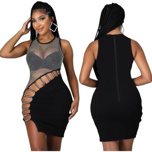 Sexy Nightclub Net Drilling Sleeveless Irregular Package Hip Dress 2021 Summer New Fashion Dress Vulnerabilities