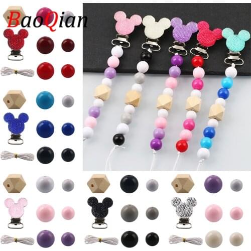 Handmade Pacifier Chain Natural Octagonal Wooden Beads Acrylic Round Beads 1M Rop Cute Animal Mouse Baby Teether Teething Chain