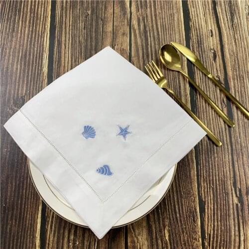 Dinner Napkins 20"x20"-inch White Hemstitch Linen Table Napkins Embroidery Blue Neptune/Conch/shell Tea Napkins