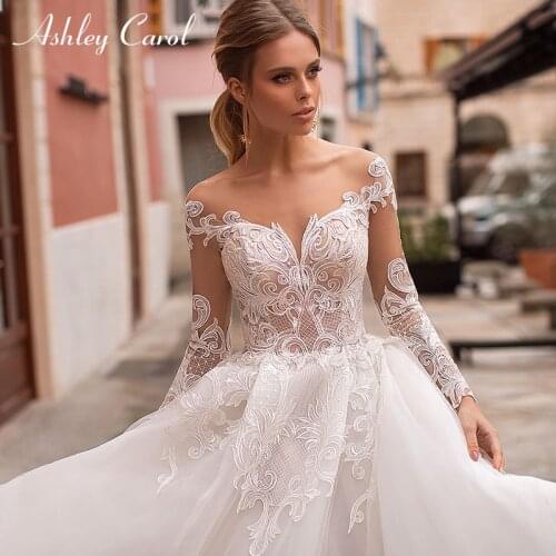 Ashley Carol A-Line Wedding Dress 2021 Romantic Backless Long Sleeve Sweetheart Appliques Princess Bridal Dresses Robe De Mariee