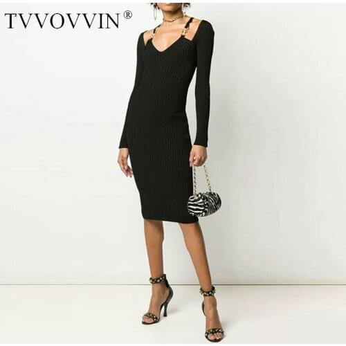 TVVOVVIN Knitted Women Dress Black Dresses Drill Button Off Shoulder Sexy Dress Deep V Neck Long Sleeve Knit Long Dresses 35YL