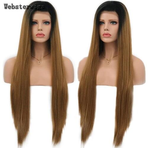Websterwigs Long Silky Straight Lace Front Wig Hair Wigs Ombre Colored Black Brown Heat Resistant Synthetic Hair Wigs for Women