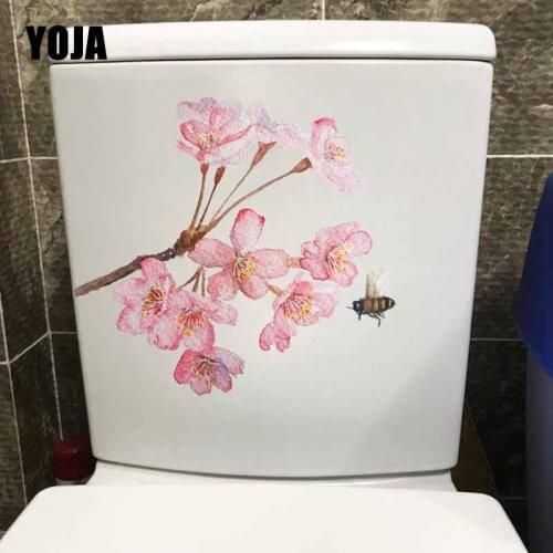 YOJA 22.8X21.3CM Cherry Flower Pink Bee Watercolor Mural Wall Sticker Toilet Decal Home Decor T5-0990