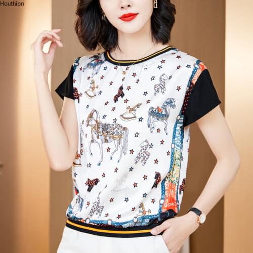 Houthion Womens T-shirt O-collar Tops Fashion T Shirt Summer Cartoons Korean T-Shirts Chiffon New Short-sleeved Tops