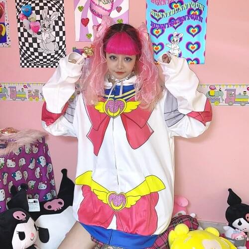 Women Loose Sweet Hooded Sweatshirt Japanese Harajuku Cartoon Beautiful Girl Print Oversized Hoodie Early Spring Soft Streetwear