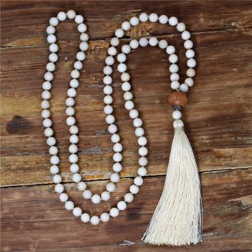 Women 8MM Natural Stone 108 beads Mala Necklace Ivory Tassel Necklace Boho Lotus Meditation Yoga Necklace Jewelry Dropshipping