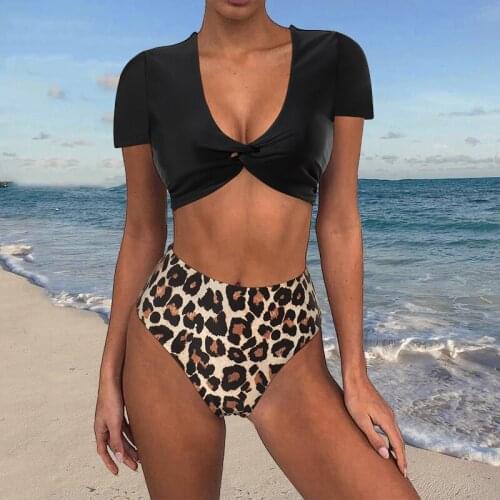 Leopard Bikini 2021 High Waist Bikini Set Push Up Swimwear Cross Knot Tie Dye Swimsuit Women V Neck Short Sleeve Swimsuit Women