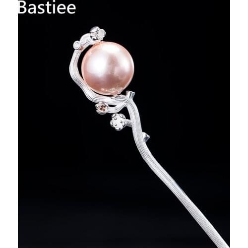 Bastiee Pink Pearl Hair Jewelry 925 Sterling Silver Hair Stick Women Luxury Flower Chinese Hairpin