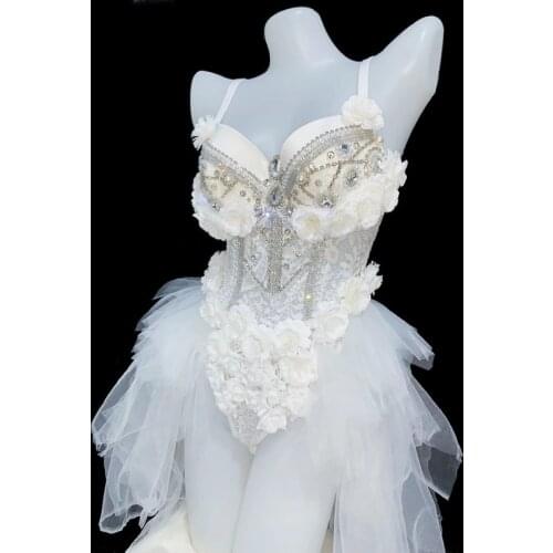 White Lace Rhinestone Bodysuit Flowers Sweet Sexy Dance Dress LED Light Accessories Birthday Party Outfit Bar Singer Stage Wear