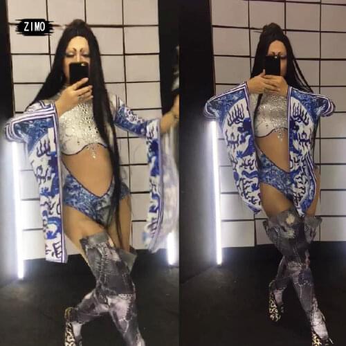 Shiny Rhinestone Chinese Style Blue And White Porcelain Print Bodysuit Sexy Tight Women Stage Singer Bar Club Dance Costume jazz