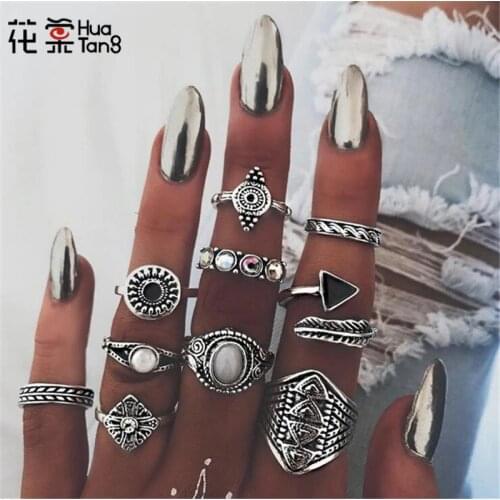HuaTang Antique Gold Silver Color Arrow Opal Knuckle Ring Set Female Carved Midi Ring Sets Anillos Statement Jewelry 10 Pcs/Set