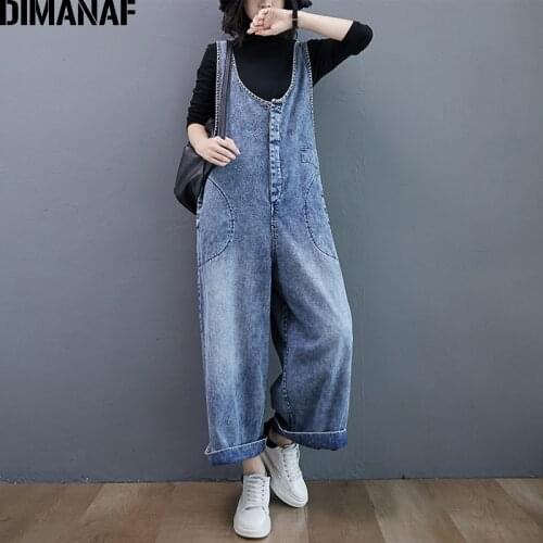 DIMANAF Plus Size Women Jumpsuits Overalls Vintage Denim Jeans Lady Long Pants Trousers Spring Summer 2021 Clothing Loose Casual