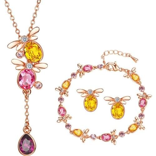 Luxury Cute Rainbow Crystal Bridal Jewelry Sets Bee Animal Jewelry Set Earrings Necklace Bracelet Sets For Women Gift