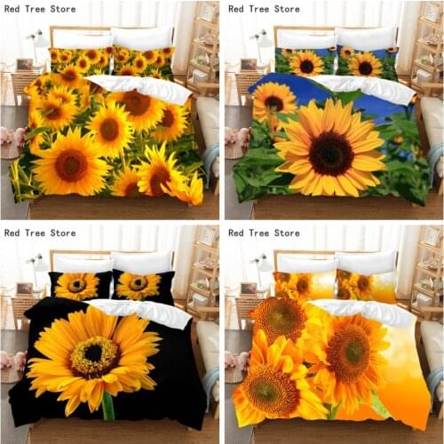 Orange Sunflower Printed Bedding Set for Lover Couples Gift Flower Pattern Duvet Cover Quilt Home Use Bedlines Double Bed Quilt
