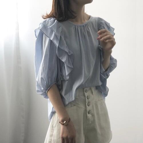 New Round Neck Ruffle Shirt Womens Korean Version Loose Light Lantern Sleeve Plain Color Shirt 0855 In 2021 Summer Causal Wear