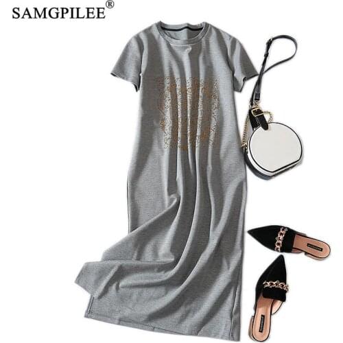 Dresses Summer 2020 Woman Casual Dress Plus Size Womens A-line Solid Short Diamonds Mid-calf Empire O-neck Dress Women Vadim 3XL