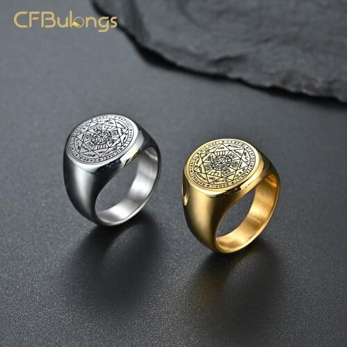 CFBulongs Seven Pointed Star Titanium Steel Mens Ring Stainless Steel Royal Seal Saint Michaels Ring Fine Jewelry