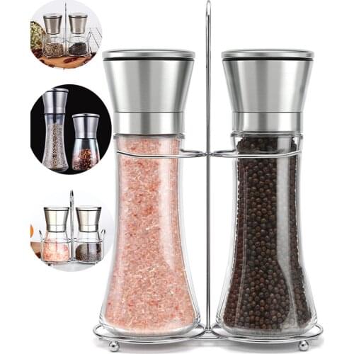 2Pcs/Set Manual Salt Grinder Set With Metal Stand Stainless Steel Pepper Mill Pepper Shaker Black Pepper Grinder Cooking Tools