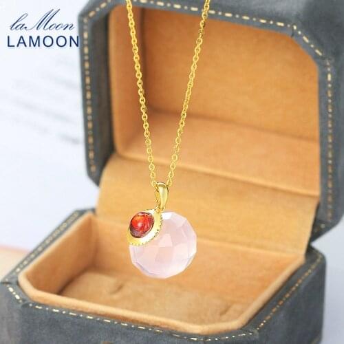 LAMOON Crystal Ball Pendant Necklace For Women 925 Silver Natural Rose Quartz Garnet Long Chain 14K Gold Plated Jewelry NI142