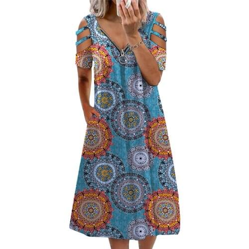 New Women Off Shoulder Short Sleeve Sunflower Print Summer Dresses Ladies Zipper Pocket V-Neck Loose Casual Dress Large Size 5XL