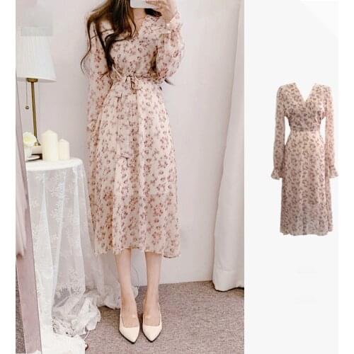 Vintage Korean Dress for Women V-Neck Chiffon Floral High Waist Lace Up Elegant Vintage Sweet Ladies Midi Dresses Summer 2021