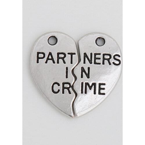 RAINXTAR Antique Silver Color Alloy Split Heart Charms Partners In Crime Broken Heart Message Charms 19*20mm AAC749