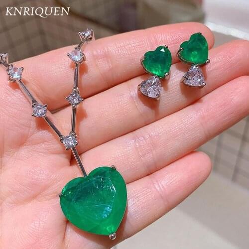 Luxury 925 Sterling SIlver Heart Shaped Simulated Emerald Diamond Stud Earrings Womens Pendant Necklace Wedding Jewelry Sets