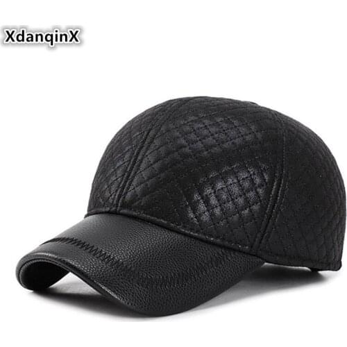 XdanqinX PU Imitation Leather Hat Winter Mens Warm Baseball Caps With Ears Middle-aged Earmuffs Cap Adjustable Size Dads Hats