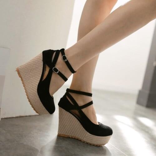Womens Platform Wedge High Heel Pumps Cross-straps Belt Buckle Flock Round Toe Bridal Casual Shoes 3Colors C462